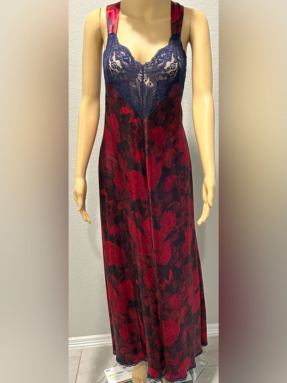 Vanity Fair Red Floral Nightgown with Navy Lace Bodice